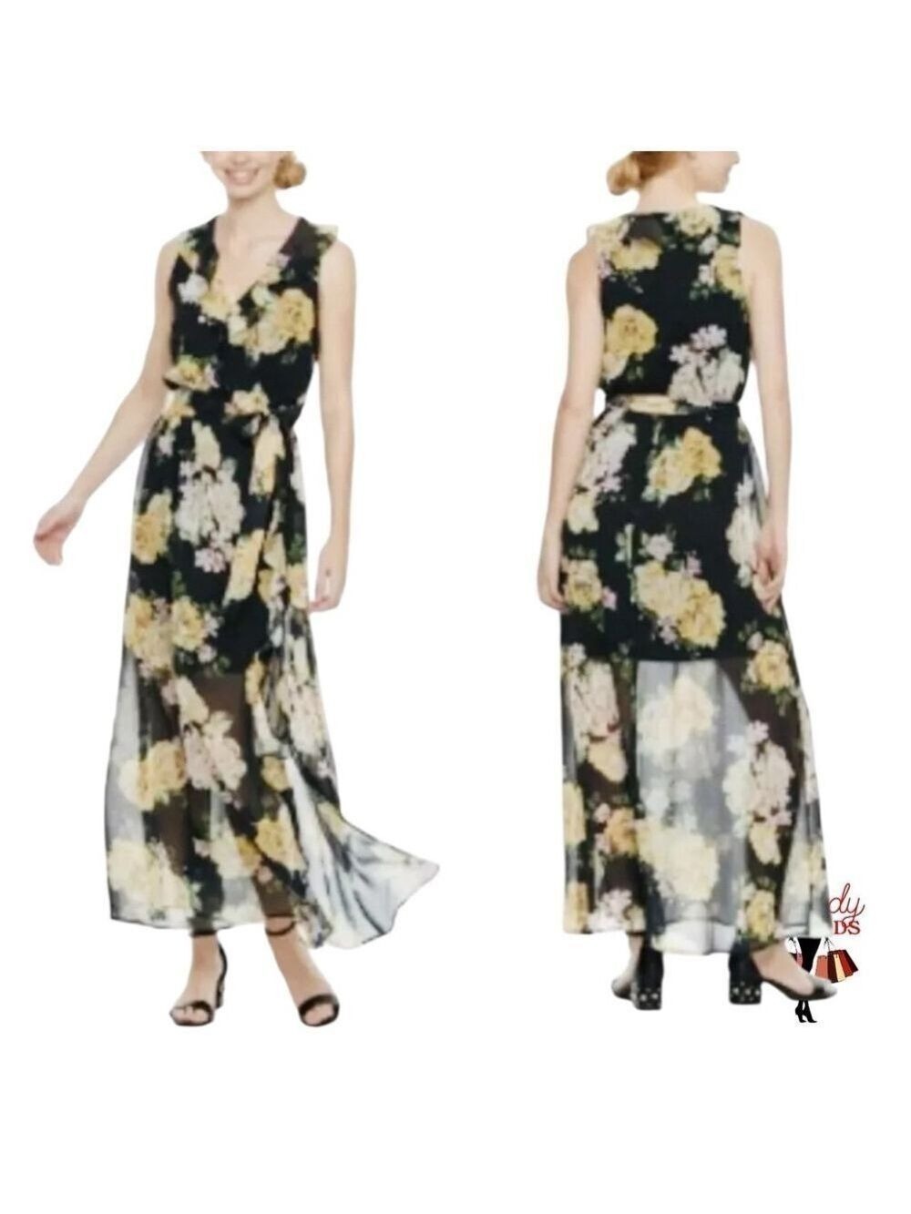 Disney Princess Small Maxi Dress Feminine Floral Black Yellow Sheer Ruffle Slit